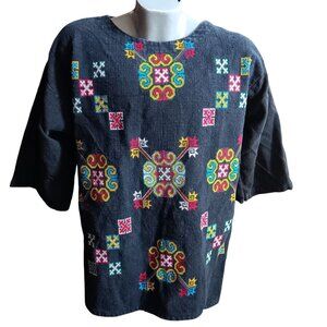 Medium Handmade Thailand Vintage Shirt Tunic Cross Stitch Embroidered Geometric